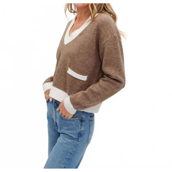 NEW SIX/FIFTY libby v neck sweater in brown/ white trim - Picture 3 of 4